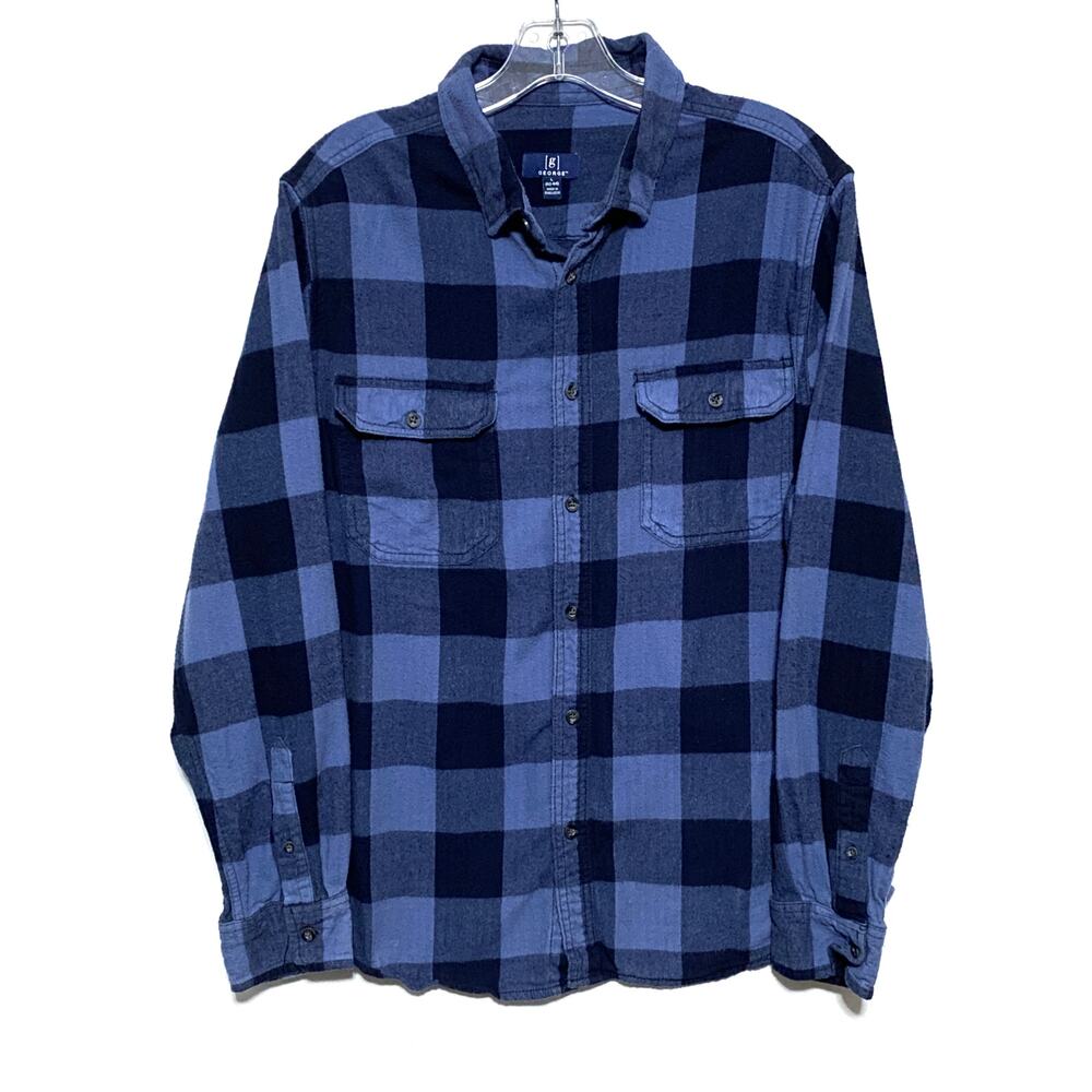 George Buffalo Plaid Blue Flannel Button Shirt Mens L 42-44 Lumberjack Gorpcore
